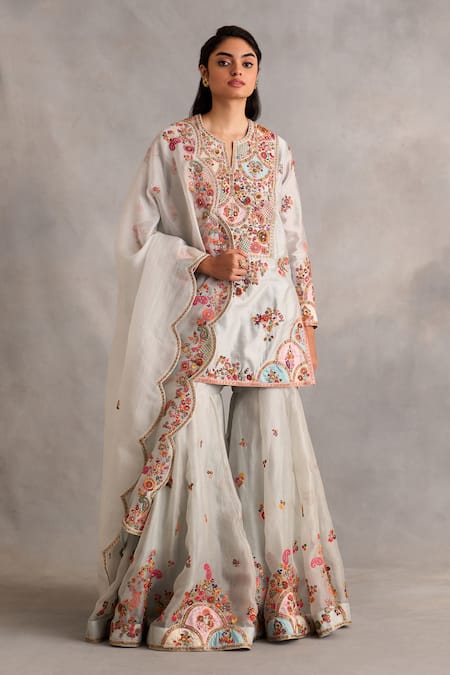 Petticoat Lane by Divya Blue Chanderi Embroidered Thread Paisley Vine Patchwork Kurta Sharara Set 