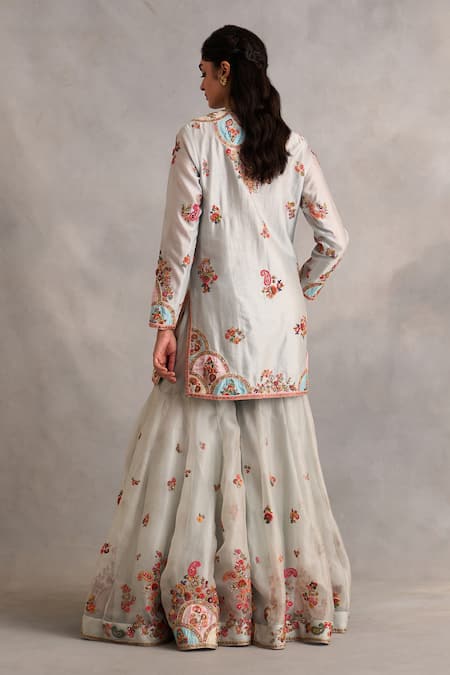 Shop Petticoat Lane By Divya Blue Organza, Chanderi Pearls, Sequins Mandarin Embroidered Kurta Sharara Set at Aza Fashions Shop_Petticoat Lane By Divya_Blue Organza, Chanderi Pearls, Sequins Mandarin Embroidered Kurta Sharara Set _at_Aza_Fashions