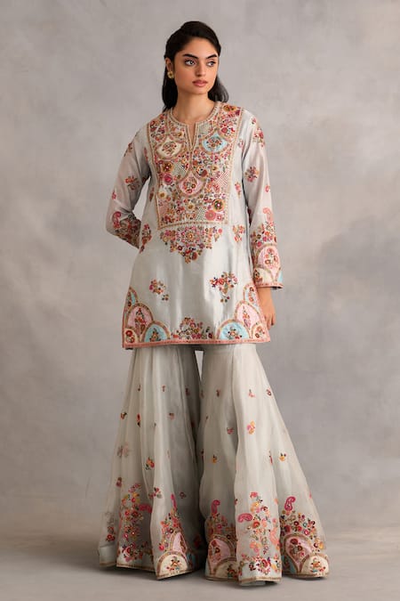 Petticoat Lane By Divya Blue Organza, Chanderi Pearls, Sequins Mandarin Embroidered Kurta Sharara Set Online at Aza Fashions Petticoat Lane By Divya_Blue Organza, Chanderi Pearls, Sequins Mandarin Embroidered Kurta Sharara Set _Online_at_Aza_Fashions