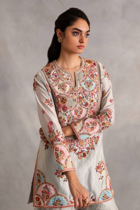 Buy Petticoat Lane By Divya Blue Organza, Chanderi Pearls, Sequins Mandarin Embroidered Kurta Sharara Set Online at Aza Fashions Buy_Petticoat Lane By Divya_Blue Organza, Chanderi Pearls, Sequins Mandarin Embroidered Kurta Sharara Set _Online_at_Aza_Fashions