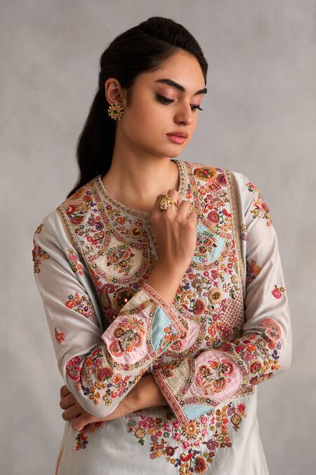 Shop Petticoat Lane By Divya Blue Organza, Chanderi Pearls, Sequins Mandarin Embroidered Kurta Sharara Set Online at Aza Fashions Shop_Petticoat Lane By Divya_Blue Organza, Chanderi Pearls, Sequins Mandarin Embroidered Kurta Sharara Set _Online_at_Aza_Fashions