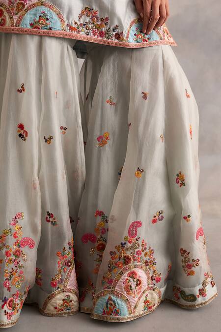 Petticoat Lane By Divya Blue Organza, Chanderi Pearls, Sequins Mandarin Embroidered Kurta Sharara Set at Aza Fashions Petticoat Lane By Divya_Blue Organza, Chanderi Pearls, Sequins Mandarin Embroidered Kurta Sharara Set _at_Aza_Fashions