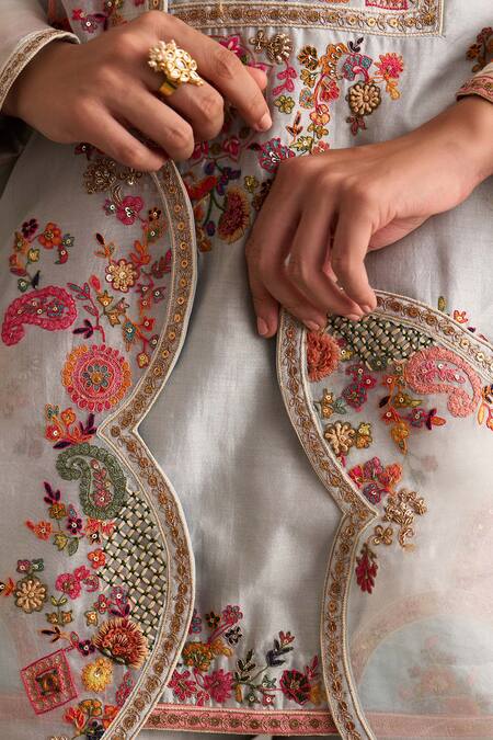 Buy Petticoat Lane By Divya Blue Organza, Chanderi Pearls, Sequins Mandarin Embroidered Kurta Sharara Set Buy_Petticoat Lane By Divya_Blue Organza, Chanderi Pearls, Sequins Mandarin Embroidered Kurta Sharara Set