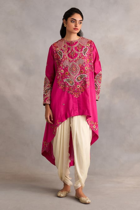 Petticoat Lane by Divya Fuchsia Chanderi Embroidered Thread Paisley High-low Jacket Dhoti Pant Set 