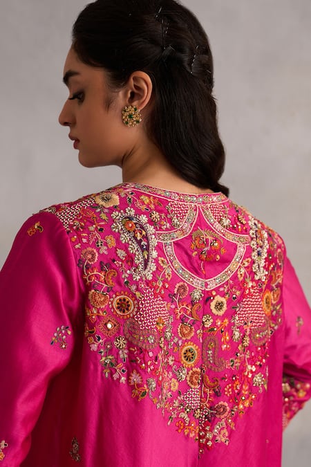 Buy Petticoat Lane By Divya Fuchsia Chanderi, Satin Pearls, Sequins Embroidered High-low Jacket Dhoti Set Online at Aza Fashions Buy_Petticoat Lane By Divya_Fuchsia Chanderi, Satin Pearls, Sequins Embroidered High-low Jacket Dhoti Set _Online_at_Aza_Fashions