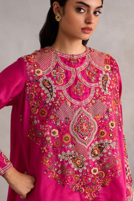 Petticoat Lane By Divya Fuchsia Chanderi, Satin Pearls, Sequins Embroidered High-low Jacket Dhoti Set at Aza Fashions Petticoat Lane By Divya_Fuchsia Chanderi, Satin Pearls, Sequins Embroidered High-low Jacket Dhoti Set _at_Aza_Fashions