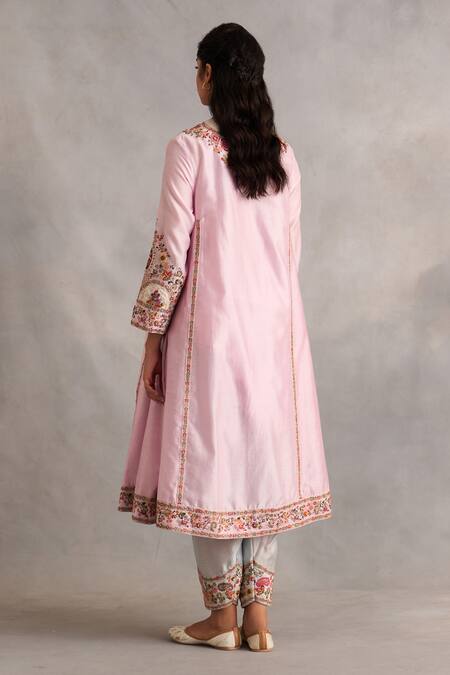 Shop_Petticoat Lane By Divya_Pink Organza, Chanderi Pearls, Sequins, Embroidery Round Floral Kurta Pant Set _at_Aza_Fashions