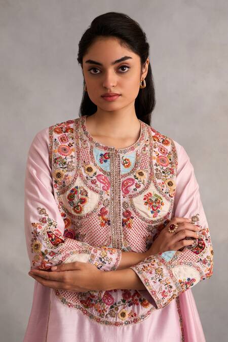 Buy_Petticoat Lane By Divya_Pink Organza, Chanderi Pearls, Sequins, Embroidery Round Floral Kurta Pant Set _Online_at_Aza_Fashions