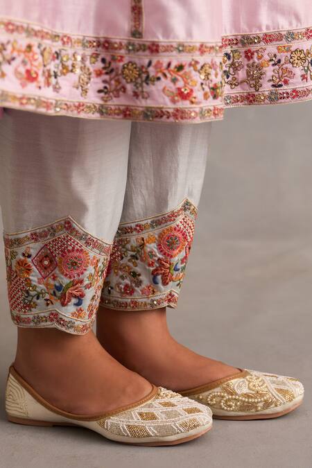 Shop_Petticoat Lane By Divya_Pink Organza, Chanderi Pearls, Sequins, Embroidery Round Floral Kurta Pant Set _Online_at_Aza_Fashions