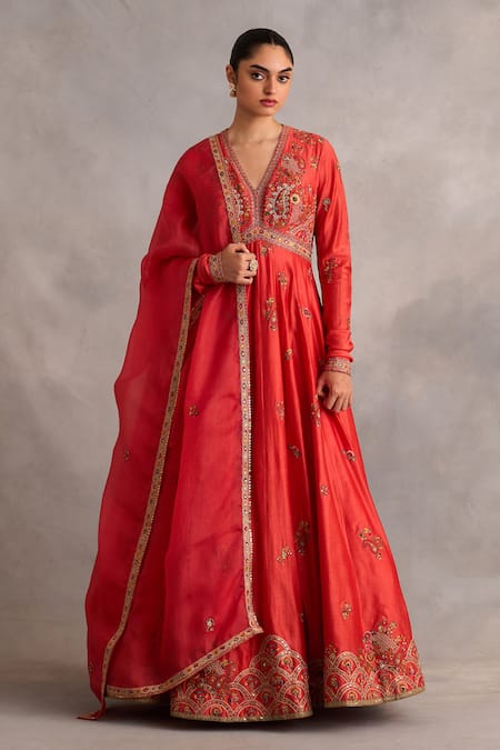 Petticoat Lane by Divya Orange Chanderi Embroidered Thread V-neck Paisley Vine Kalidar With Dupatta 