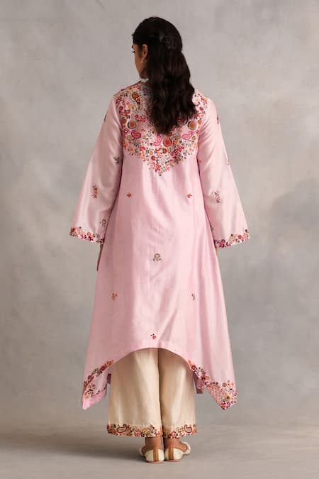 Shop_Petticoat Lane By Divya_Pink Chanderi Pearls, Sequins, Embroidery Round Asymmetric Kurta Set With Pant _at_Aza_Fashions