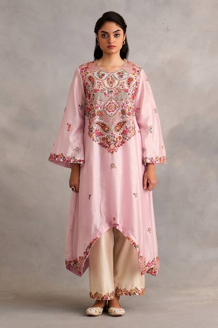 Petticoat Lane By Divya_Pink Chanderi Pearls, Sequins, Embroidery Round Asymmetric Kurta Set With Pant _Online_at_Aza_Fashions