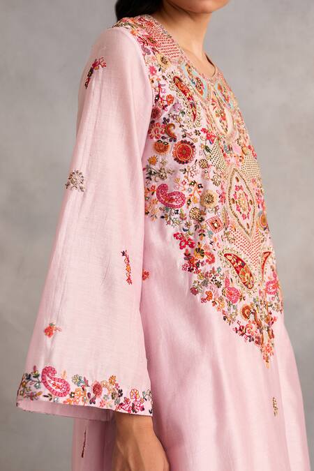 Shop_Petticoat Lane By Divya_Pink Chanderi Pearls, Sequins, Embroidery Round Asymmetric Kurta Set With Pant _Online_at_Aza_Fashions