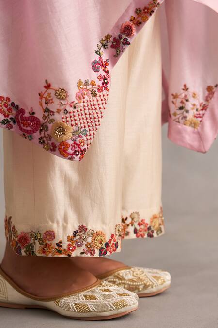 Petticoat Lane By Divya_Pink Chanderi Pearls, Sequins, Embroidery Round Asymmetric Kurta Set With Pant _at_Aza_Fashions