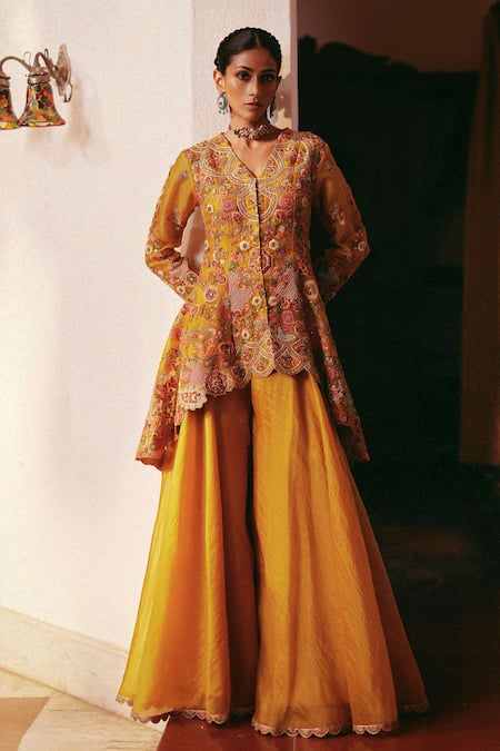 Petticoat Lane by Divya Yellow Organza Embroidered Thread V-neck High-low Peplum Kurta With Sharara 