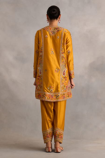 Shop_Petticoat Lane By Divya_Yellow Chanderi Sequins, Pearls, Embroidery Round Neck Phiran Kurta Set _at_Aza_Fashions