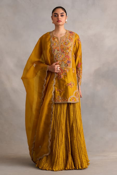 Petticoat Lane by Divya Yellow Chanderi Embroidered Thread Floral Vine Kurta Textured Sharara Set 