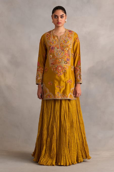 Petticoat Lane By Divya_Yellow Organza, Chanderi Sequins, Pearls, Kurta Set With Crushed Sharara _Online_at_Aza_Fashions