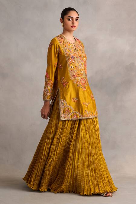 Buy_Petticoat Lane By Divya_Yellow Organza, Chanderi Sequins, Pearls, Kurta Set With Crushed Sharara _Online_at_Aza_Fashions