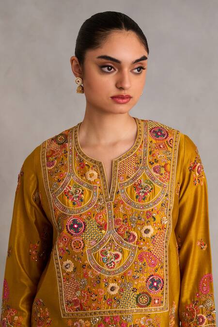 Petticoat Lane By Divya_Yellow Organza, Chanderi Sequins, Pearls, Kurta Set With Crushed Sharara _at_Aza_Fashions