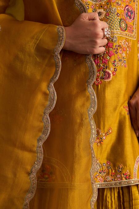 Buy_Petticoat Lane By Divya_Yellow Organza, Chanderi Sequins, Pearls, Kurta Set With Crushed Sharara 
