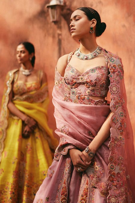Shop_Petticoat Lane By Divya_Purple Organza, Chanderi Sequins, Pearls, Embroidery, Paisley Vine Lehenga Set _at_Aza_Fashions