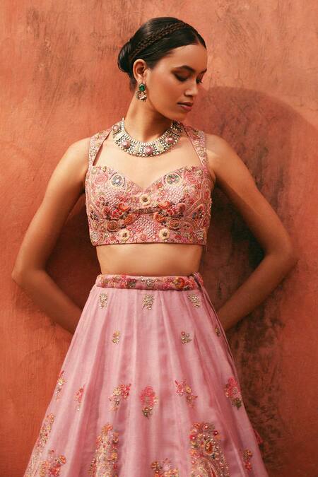 Petticoat Lane By Divya_Purple Organza, Chanderi Sequins, Pearls, Embroidery, Paisley Vine Lehenga Set _Online_at_Aza_Fashions