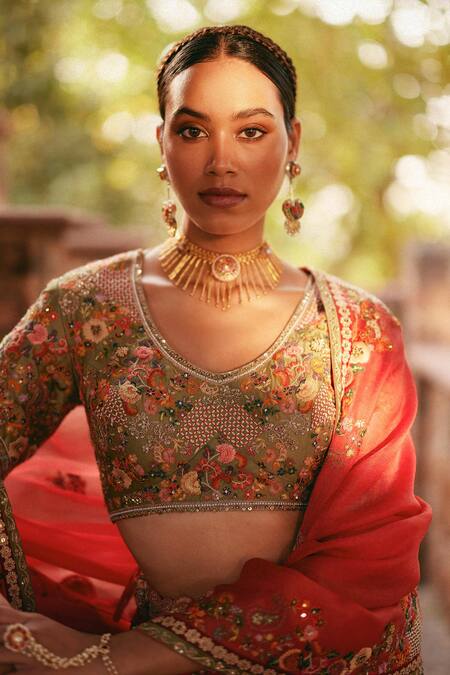 Petticoat Lane By Divya_Orange Organza, Chanderi Pearls, Embroidered Paisley Patchwork Lehenga Set _Online_at_Aza_Fashions