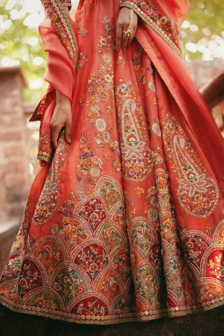 Buy_Petticoat Lane By Divya_Orange Organza, Chanderi Pearls, Embroidered Paisley Patchwork Lehenga Set _Online_at_Aza_Fashions