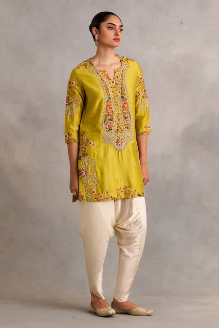 Petticoat Lane By Divya_Green Chanderi, Satin Beads, Embroidery Split Floral Kurti With Tulip Pant _Online_at_Aza_Fashions