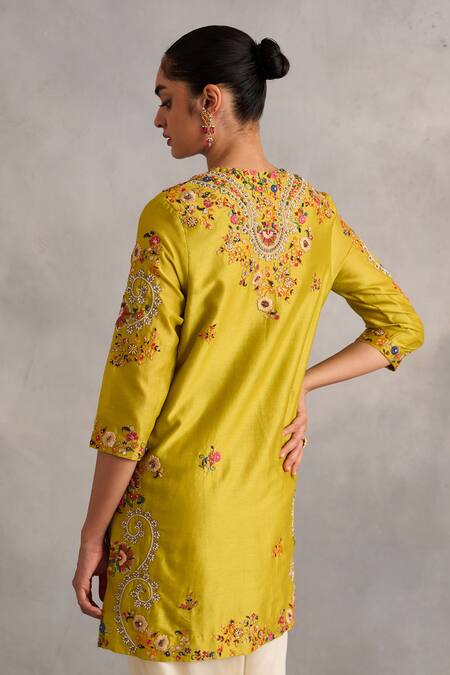 Buy_Petticoat Lane By Divya_Green Chanderi, Satin Beads, Embroidery Split Floral Kurti With Tulip Pant _Online_at_Aza_Fashions