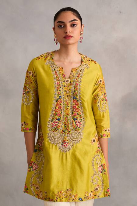 Shop_Petticoat Lane By Divya_Green Chanderi, Satin Beads, Embroidery Split Floral Kurti With Tulip Pant _Online_at_Aza_Fashions