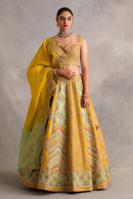 Petticoat Lane by Divya Yellow Dupion Embroidered Sequin Sweetheart Zari And Beads Lehenga Set 