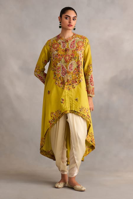 Petticoat Lane by Divya Green Chanderi Embroidered Thread Round Paisley Floral Jacket With Dhoti Pant 