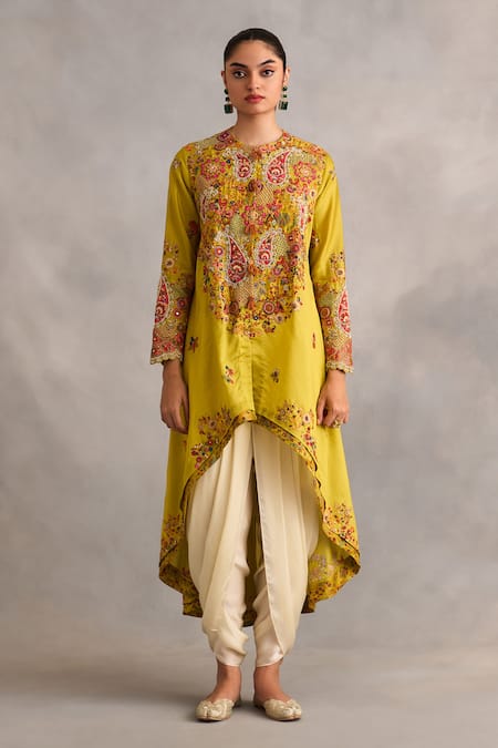 Petticoat Lane By Divya_Green Chanderi Beads, Embroidery Round Neck Floral Jacket And Dhoti Pant Set _Online_at_Aza_Fashions
