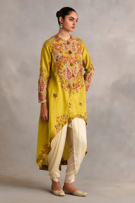 Shop_Petticoat Lane By Divya_Green Chanderi Beads, Embroidery Round Neck Floral Jacket And Dhoti Pant Set _Online_at_Aza_Fashions