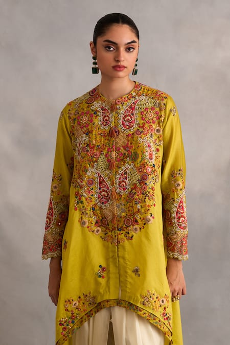 Petticoat Lane By Divya_Green Chanderi Beads, Embroidery Round Neck Floral Jacket And Dhoti Pant Set _at_Aza_Fashions