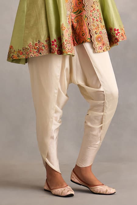 Petticoat Lane By Divya_Green Chanderi Beads, Embroidery Round Neck Dhoti Pant And Jacket Set _Online_at_Aza_Fashions