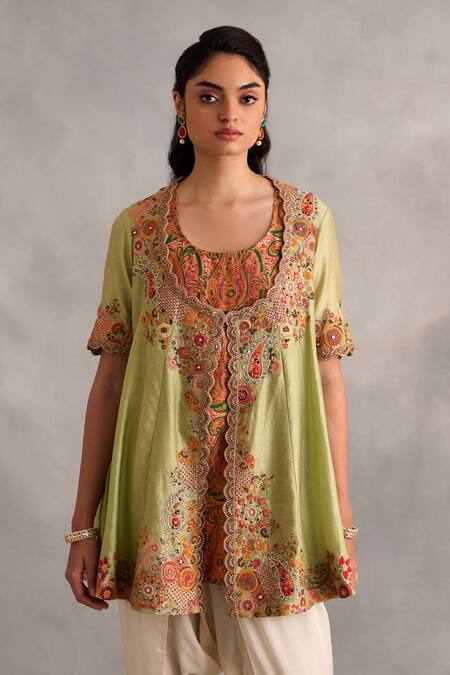 Buy_Petticoat Lane By Divya_Green Chanderi Beads, Embroidery Round Neck Dhoti Pant And Jacket Set _Online_at_Aza_Fashions