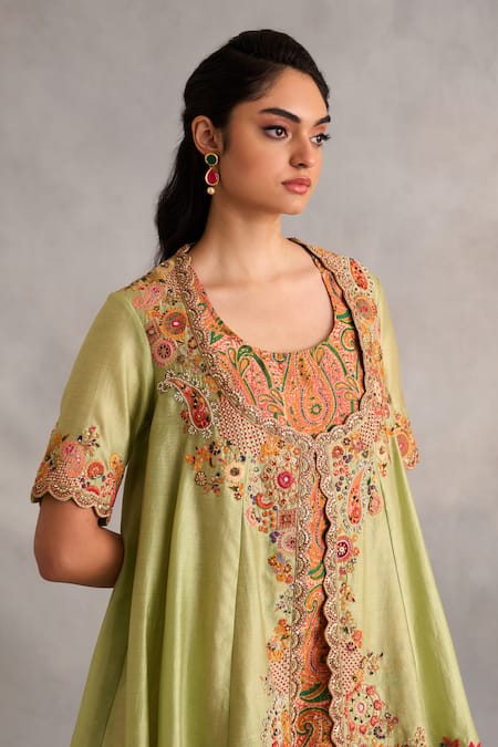 Shop_Petticoat Lane By Divya_Green Chanderi Beads, Embroidery Round Neck Dhoti Pant And Jacket Set _Online_at_Aza_Fashions