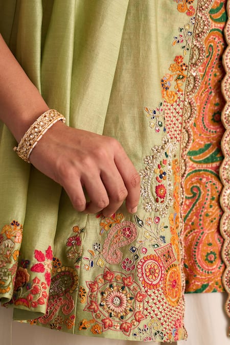 Petticoat Lane By Divya_Green Chanderi Beads, Embroidery Round Neck Dhoti Pant And Jacket Set _at_Aza_Fashions