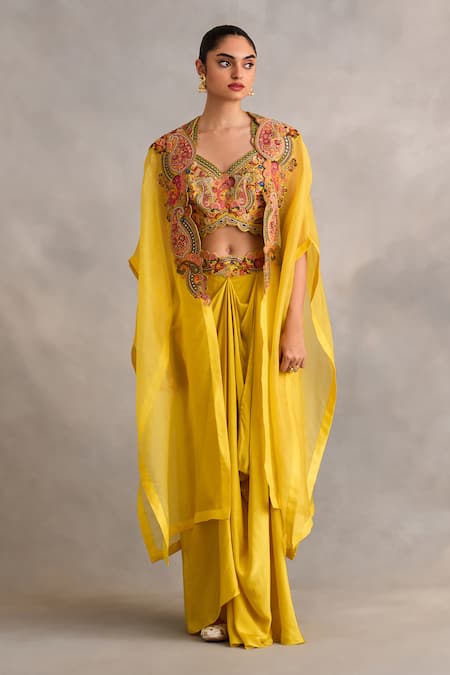 Petticoat Lane by Divya Yellow Bustier Jamevar Chanderi Embroidered Thread Paisley Cape With Skirt Set 