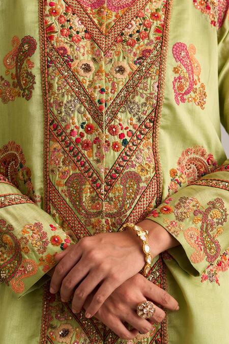 Shop_Petticoat Lane By Divya_Green Chanderi, Satin Beads, Embroidery Round Neck Paisley High Low Jacket Set _Online_at_Aza_Fashions