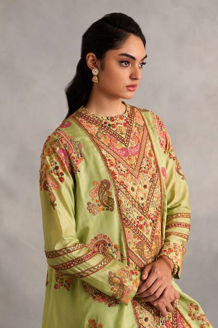 Petticoat Lane By Divya_Green Chanderi, Satin Beads, Embroidery Round Neck Paisley High Low Jacket Set _at_Aza_Fashions