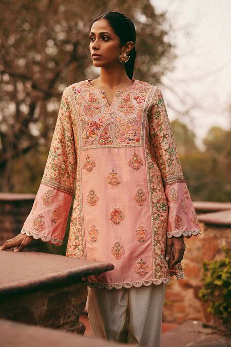Petticoat Lane By Divya_Pink Chanderi Embroidery, Beads Open Neck Paisley Kurta Set _Online_at_Aza_Fashions