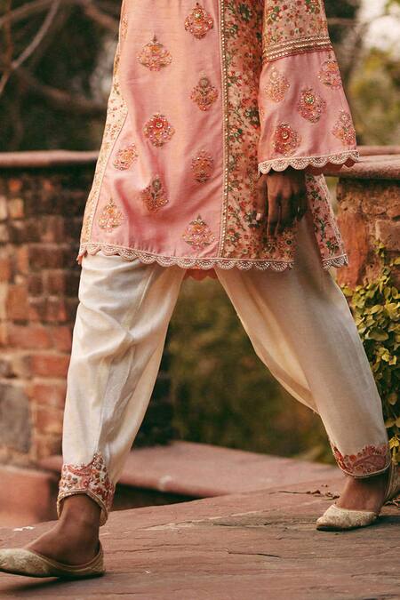 Buy_Petticoat Lane By Divya_Pink Chanderi Embroidery, Beads Open Neck Paisley Kurta Set _Online_at_Aza_Fashions