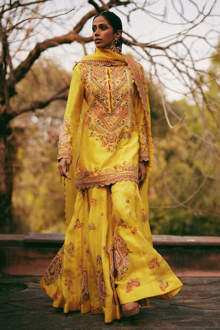 Petticoat Lane by Divya Yellow Chanderi Embroidered Thread Round Paisley Floral Kurta Sharara Set 