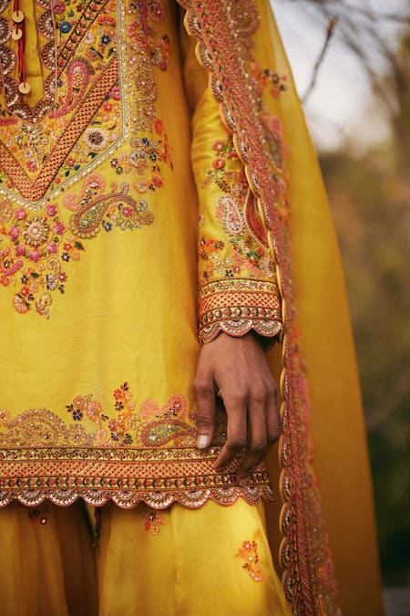 Buy Petticoat Lane By Divya Yellow Organza, Chanderi Beads, Embroidery Round Neck Floral Kurta Sharara Set Online at Aza Fashions Buy_Petticoat Lane By Divya_Yellow Organza, Chanderi Beads, Embroidery Round Neck Floral Kurta Sharara Set _Online_at_Aza_Fashions