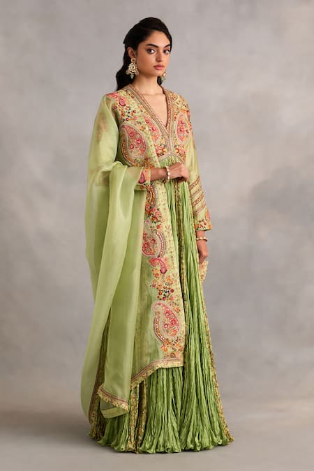 Buy_Petticoat Lane By Divya_Green Organza, Chanderi Embroidery, Beads V-neck Paisley Anarkali With Dupatta _Online_at_Aza_Fashions