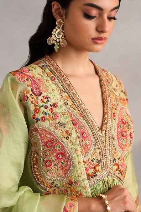 Shop_Petticoat Lane By Divya_Green Organza, Chanderi Embroidery, Beads V-neck Paisley Anarkali With Dupatta _Online_at_Aza_Fashions